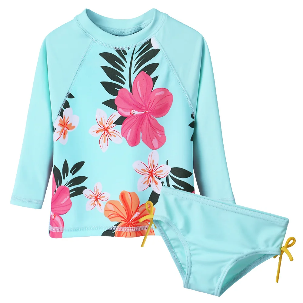 Floral Baby Girl Swimwear Long Sleeve Infant Bathing Suit Cyan UPF50+ Swimsuit for Toddler Girls Teens Children Swimwear