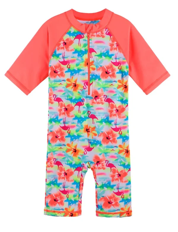 BAOHULU Short Sleeve Girls Swimsuit One Piece Print Baby Kids Swimsuit Rash Guard Orange Toddler Swimwear Bathing Suit Beachwear 3
