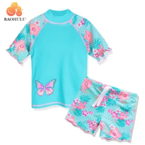 BAOHULU Summer Printed Butterfly Girls Swimsuit Children Swimwear UPF50+ Kids Beach Swimming Suits Bathing Suit Girl Cyan 1